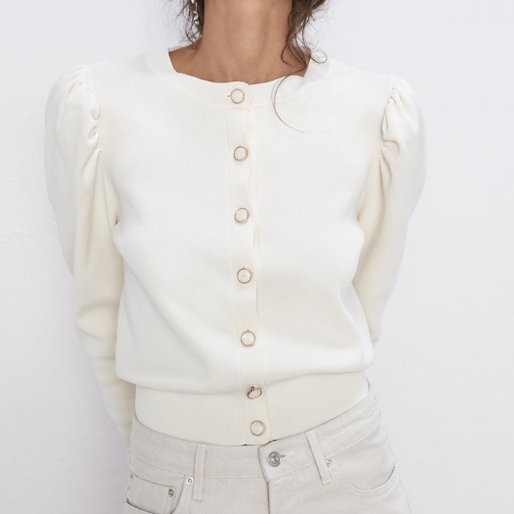 Zara Off-White Puff Sleeve Cardigan